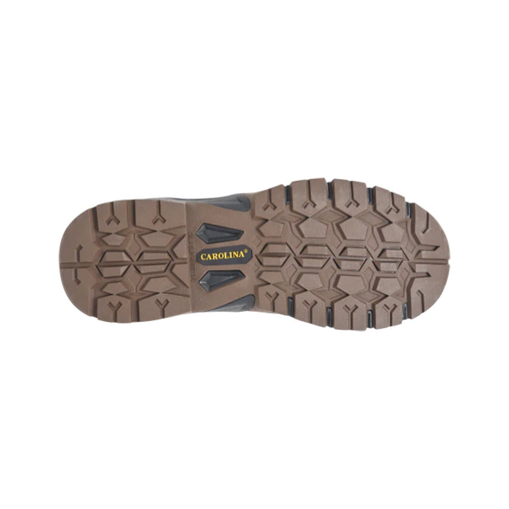 Sole of a brown Carolina CAROLINA SAGE 6&quot; LIGHTWEIGHT WP CT DARK COFFEE - WOMENS with a rugged, multi-angle tread pattern.