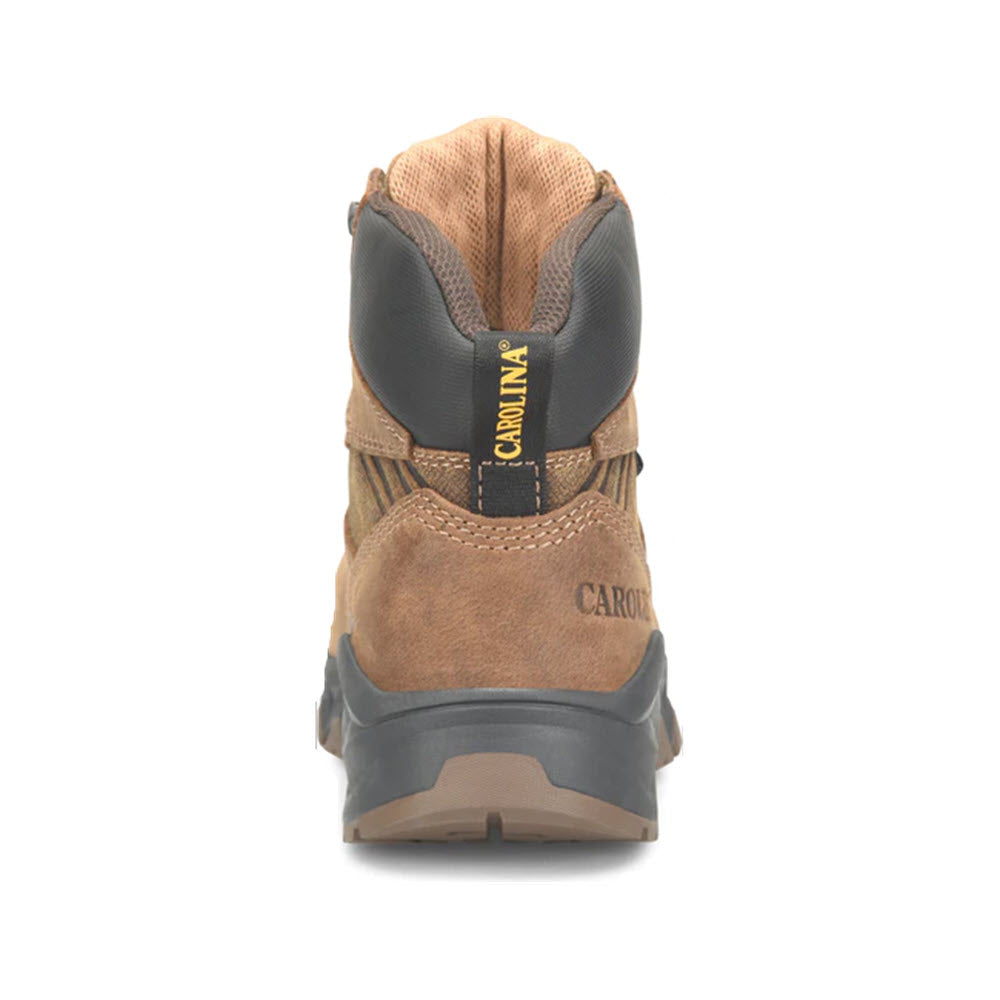 Rear view of a brown Carolina Women&#39;s CAROLINA SAGE 6&quot; LIGHTWEIGHT WP CT DARK COFFEE - WOMENS work boot with a black rubber sole, waterproof design, and a Carolina logo tag on the back.