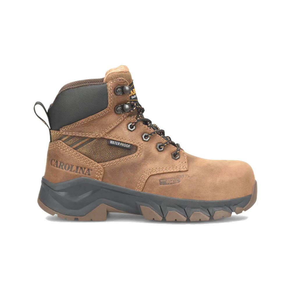 A brown, mid-height hiking boot with black accents, labeled &quot;CAROLINA SAGE 6\&quot; LIGHTWEIGHT WP CT DARK COFFEE - WOMENS&quot; on the heel, featuring waterproof material and a robust sole with a composite toe for added protection.