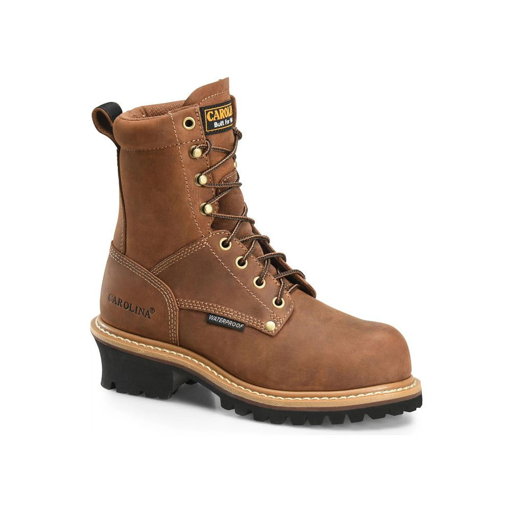 A women&#39;s CAROLINA ELM 8 INCH WATERPROOF COMP TOE LOGGER CRAZY HORSE - WOMENS featuring a brown, lace-up design with a padded collar, thick rubber outsole, and non-metallic shank.