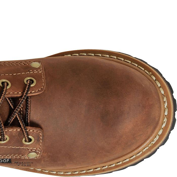 Close-up view of the front part of a brown leather Carolina CAROLINA ELM 8 INCH WATERPROOF COMP TOE LOGGER CRAZY HORSE - WOMENS with dark brown laces, visible stitching near the sole, and a durable rubber outsole.