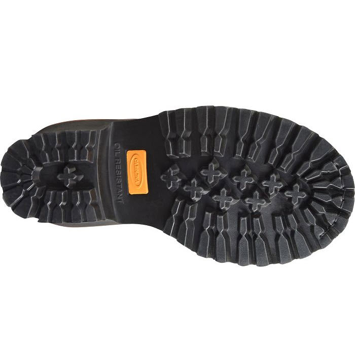 The image showcases the black, rugged sole of a Carolina CAROLINA ELM 8 INCH WATERPROOF COMP TOE LOGGER CRAZY HORSE - WOMENS with deep treads and an orange &quot;Oil Resistant&quot; label for improved traction and durability, further complemented by a sturdy rubber outsole.