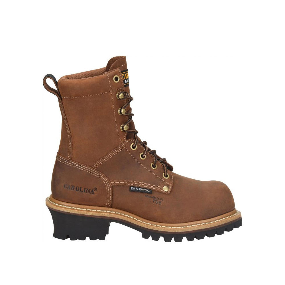 A rugged brown waterproof Carolina CAROLINA ELM 8 INCH WATERPROOF COMP TOE LOGGER CRAZY HORSE - WOMENS with a steel toe, heavy-duty lace-up design, aggressive rubber outsole, and a raised heel.