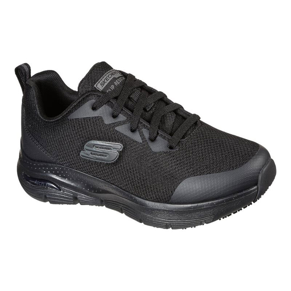 SKECHERS ARCH FIT SLIP RESISTANT OXFORD BLACK - WOMENS by Skechers features a black athletic shoe with a mesh upper, lace-up closure, branded logo on the side, and slip-resistant Arch Fit for enhanced comfort. Perfect for everyday wear and demanding tasks.