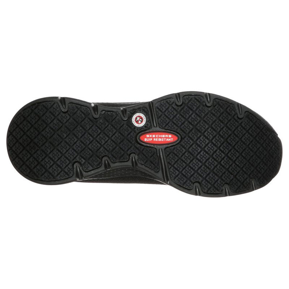 The black sole of a shoe with a grid pattern features the label &quot;SKECHERS ARCH FIT SLIP RESISTANT OXFORD BLACK - WOMENS&quot; in the center, offering enhanced safety and comfort with slip-resistant technology.