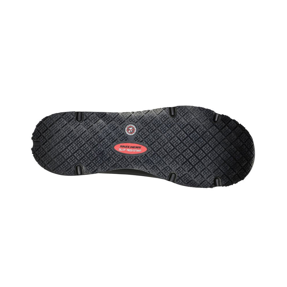 The image is of the bottom of a black shoe sole with a textured pattern. It features a circular emblem in the center and a red label indicating &quot;slip resistant.&quot; Additionally, this design includes an airbag midsole for enhanced comfort. The product is the SKECHERS UNO SR DELONEY SAFETY TOE BLACK - WOMENS by Skechers.