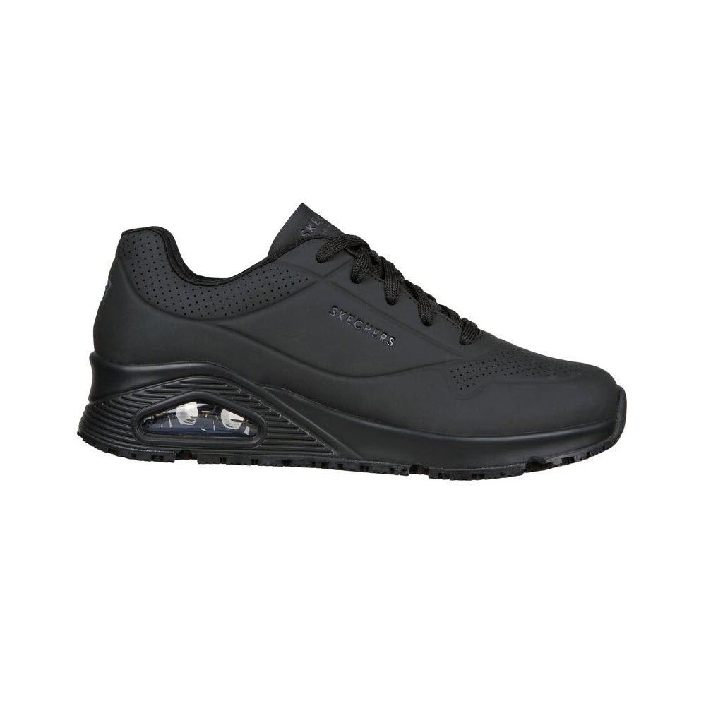 A black Skechers SKECHERS UNO SR DELONEY SAFETY TOE BLACK - WOMENS with an air-cushioned heel, memory foam insole, and lace-up closure ensures comfort and slip-resistant safety.