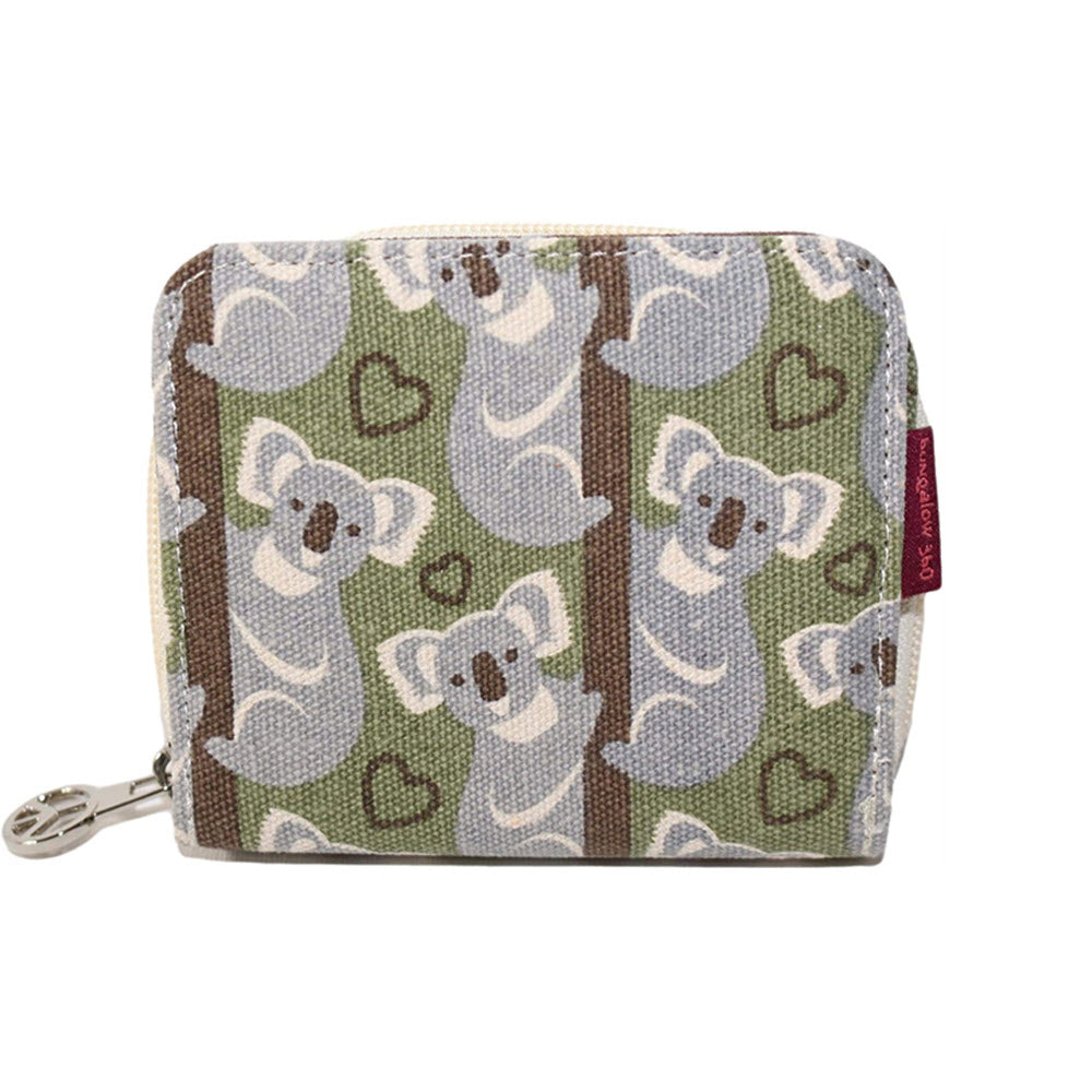 The Bungalow 360 BUNGALOW360 BILLFOLD WALLET KOALA is a small fabric coin purse with a zippered closure, decorated with a charming animal design of gray koalas and green hearts on a light green background. Crafted from natural cotton canvas for durability and style.