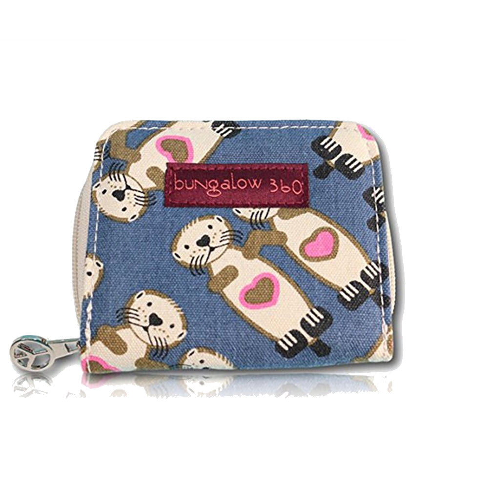 Square coin purse made of natural cotton canvas featuring charming otter patterns with pink hearts. The Bungalow 360 BUNGALOW360 BILLFOLD WALLET SEA OTTER has a zippered closure, small zipper pull, and a &quot;bungalow 360&quot; label on the front.