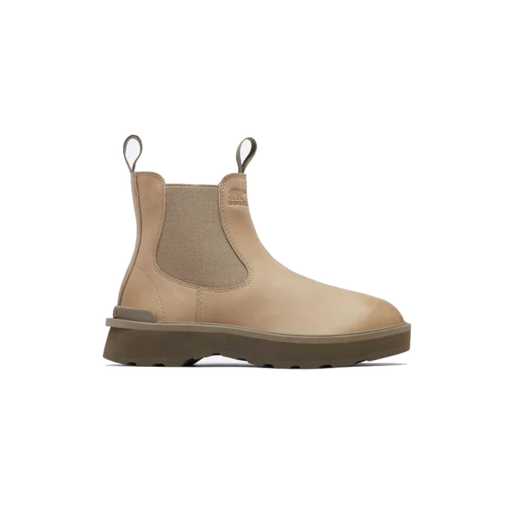 The SOREL HI-LINE CHELSEA OMEGA TAUPE - WOMENS from Sorel is a tan slip-on Chelsea boot with elastic side panels and pull tabs on both the front and back. It features a rugged, lightweight sole to ensure consistent comfort.