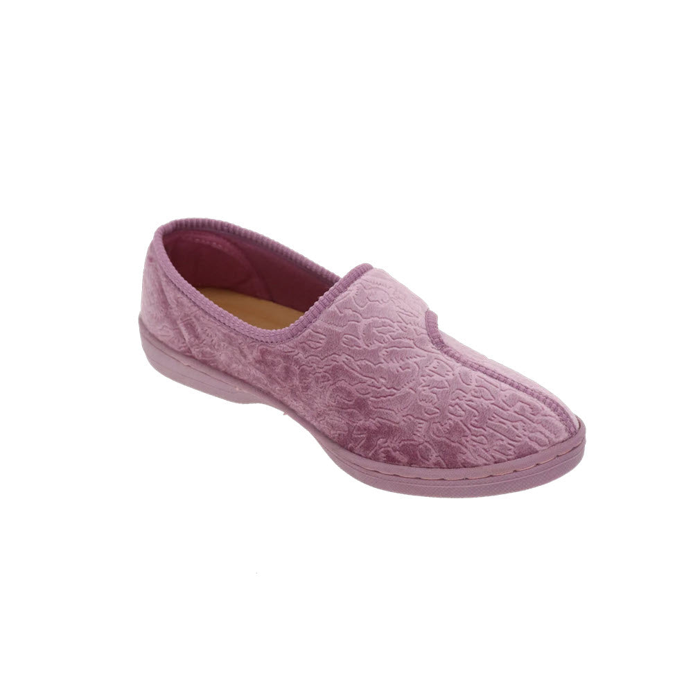 A single Foamtreads Jewel 2 Dusty Rose slipper, with a soft velour upper featuring a textured floral pattern and a flat sole, angled to the right.