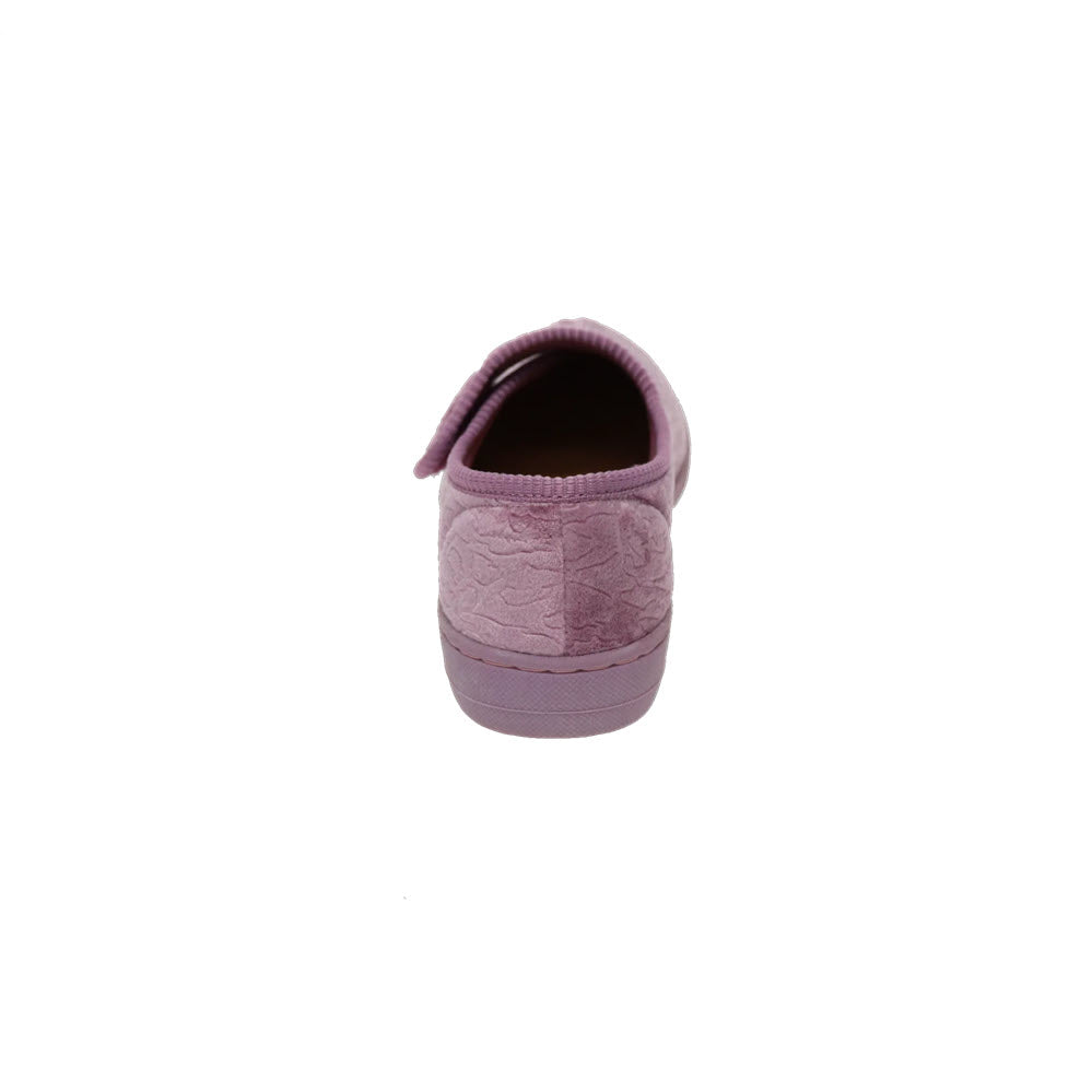 Revised Sentence: Rear view of a single Foamtreads FOAMTREADS JEWEL 2 DUSTY ROSE slip-on shoe with a soft velour upper against a white background.