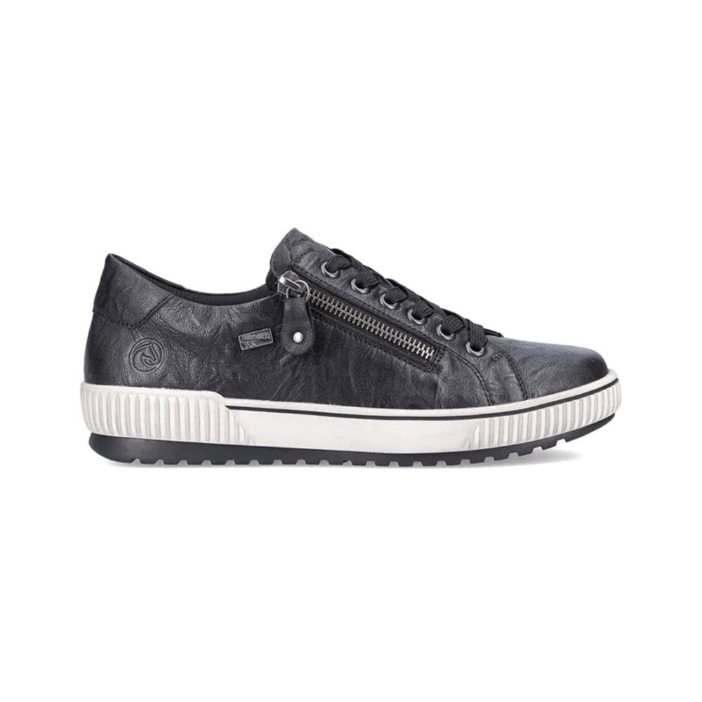 Remonte REMONTE CITY WALKER BLACK - WOMENS features a side zipper and lace-up front, made from black leather with a white rubber sole and treaded outsole for added grip.