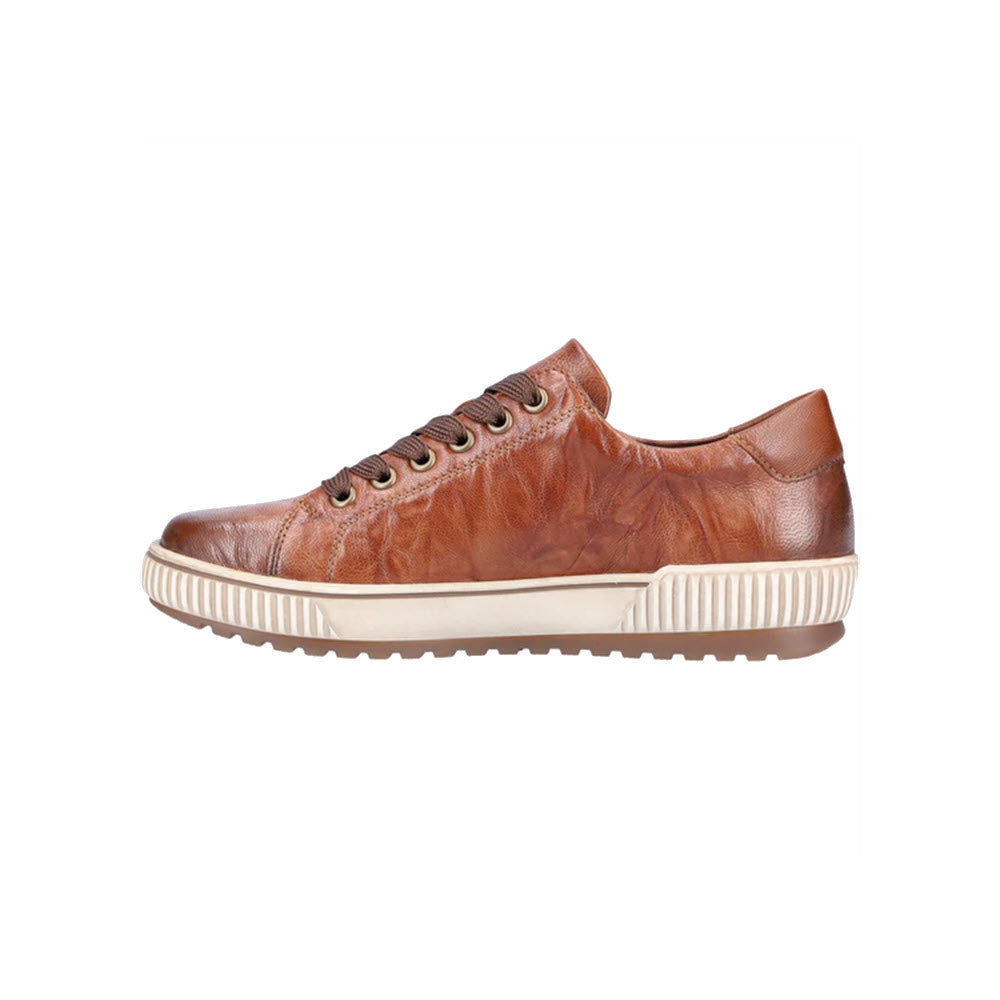 Side view of a brown leather sneaker with a white rubber sole, dark brown laces, and textured detailing. This stylish shoe also features a discreet side zipper for easy access. It&#39;s the REMONTE CITY WALKER TAN - WOMENS by Remonte.