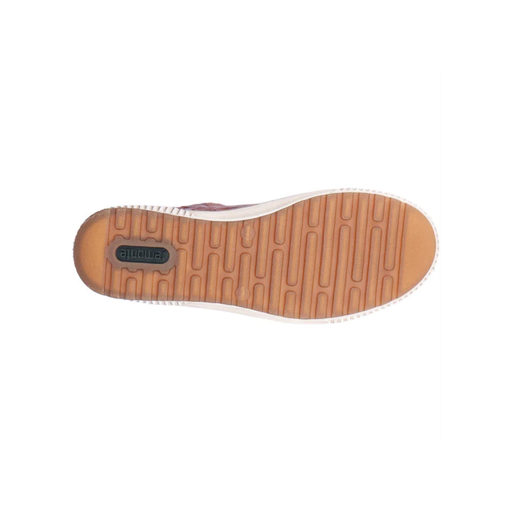 Bottom view of a brown leather sneaker sole with a textured, non-slip tread pattern. The word &quot;Remonte&quot; is embossed on a rectangular section near the heel.