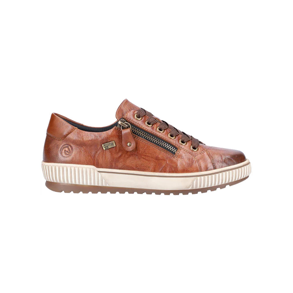 A Remonte REMONTE CITY WALKER TAN - WOMENS featuring a side zipper, lace-up front, and a white rubber sole.