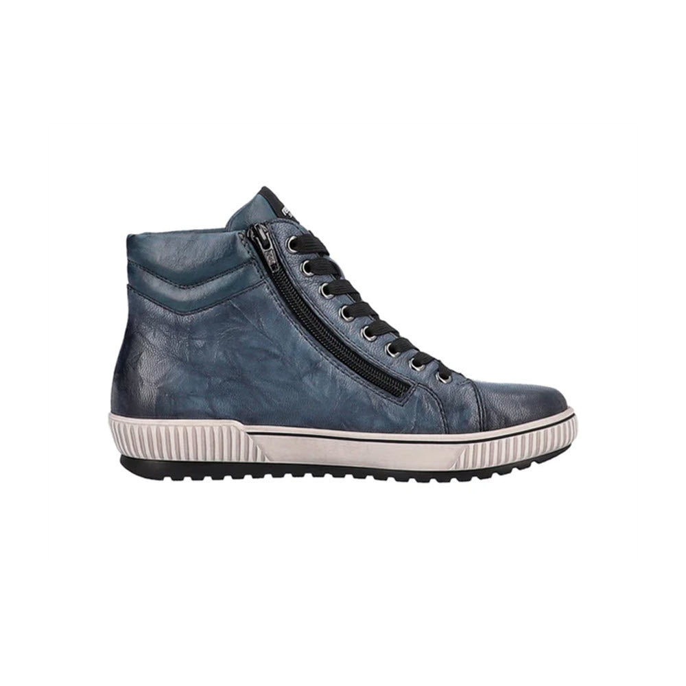 Side view of a single Remonte REMONTE CITY HIGH TOP BLUE - WOMENS with a white platform sole, black laces, black side zipper, and water-resistant features.
