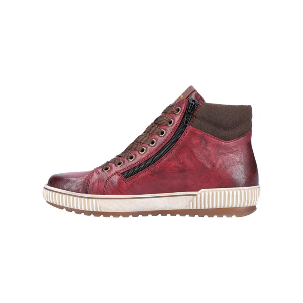 A single REMONTE CITY HIGH TOP WINE - WOMENS leather sneaker in red, featuring dual side zippers and a white rubber sole from Remonte.