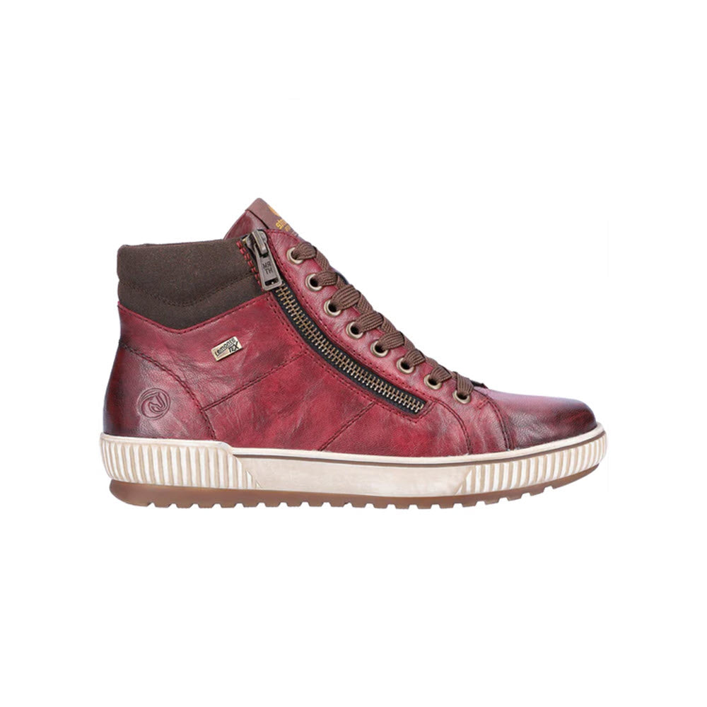 Side view of the REMONTE CITY HIGH TOP WINE - WOMENS by Remonte, featuring red leather high-top sneakers with brown accents, a white rubber sole, and dual side zippers for added convenience.