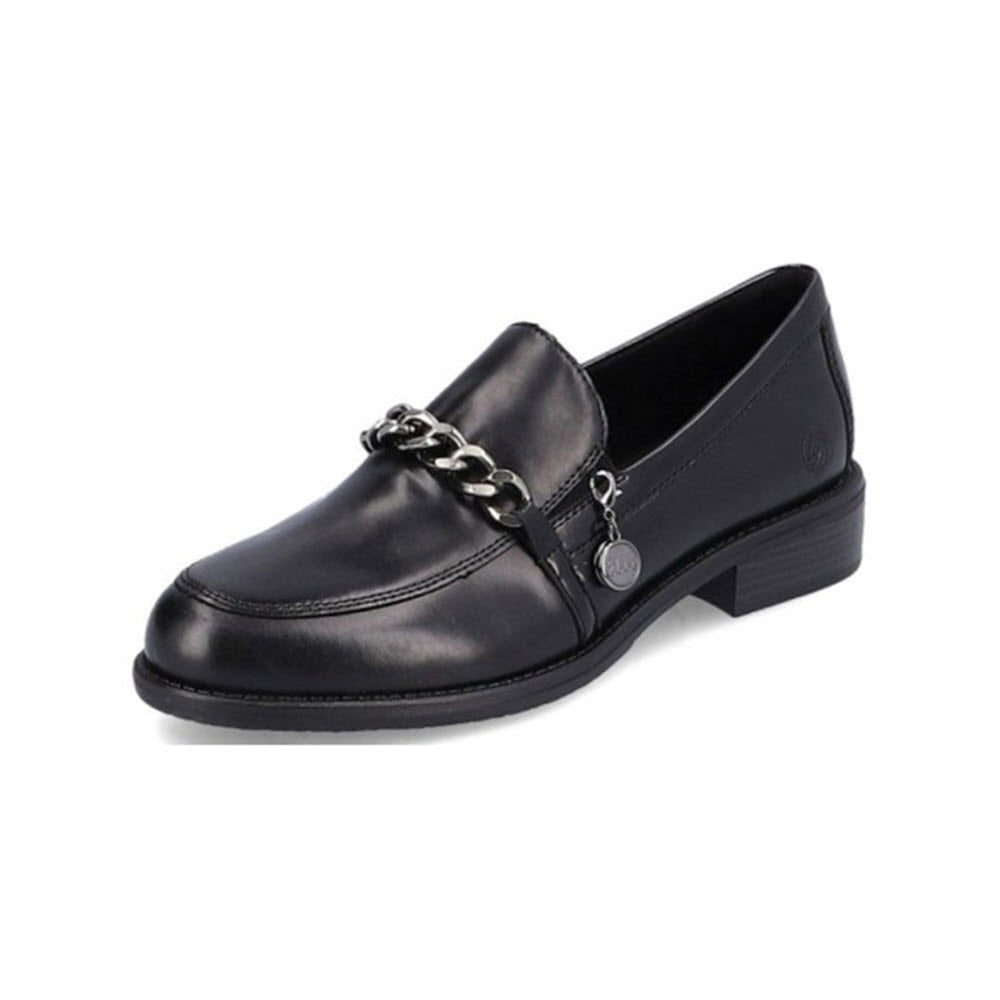 The REMONTE MODERN TAILORED LOAFER BLACK - WOMENS by Remonte is a black leather loafer adorned with a chunky metallic chain and a small round charm on the upper. It features a low heel, sleek design, and a comfortable removable insole.