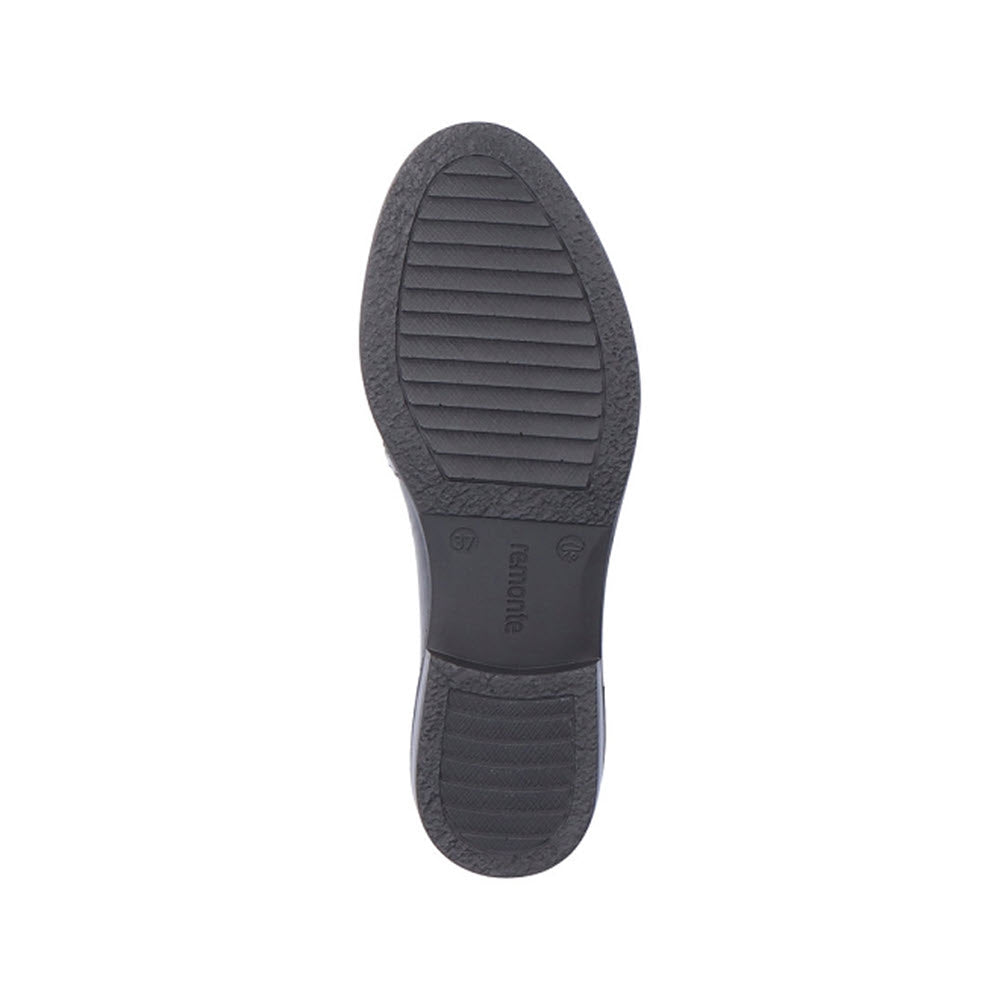 The black shoe sole of the Remonte Modern Tailored Loafer for women, viewed from below, features parallel grooves and the text &quot;Insportline&quot; near the center, perfectly complementing its sleek leather design with a removable insole.