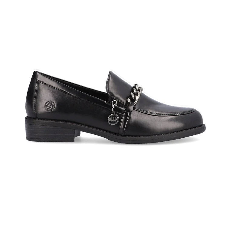 A Remonte REMONTE MODERN TAILORED LOAFER BLACK - WOMENS with a low heel, chain detail on the vamp, and a branded charm attached for a touch of elegance.