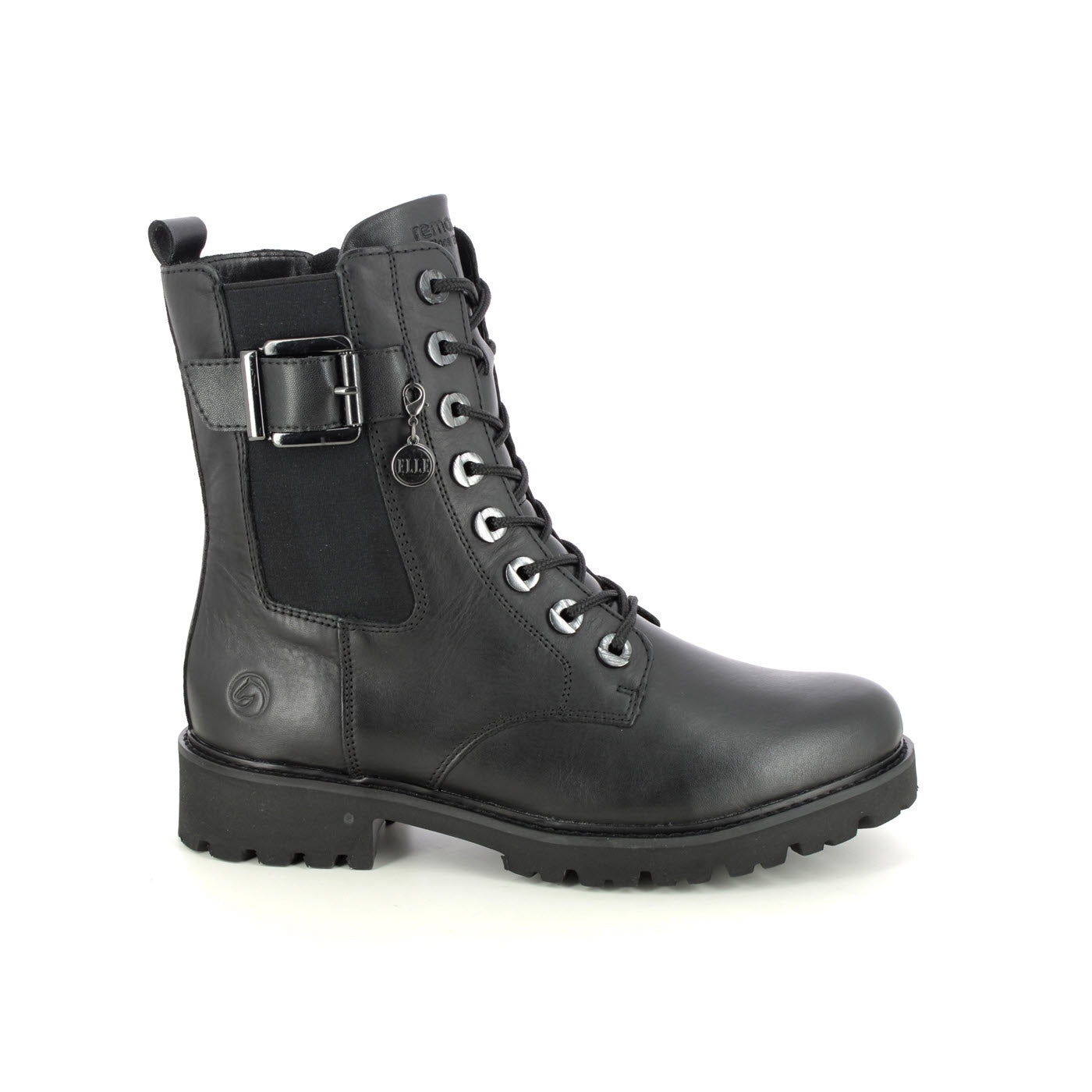 The REMONTE TAILORED COMBAT BOOTIE WITH BUCKLE BLACK - WOMENS by Remonte is a black leather lace-up combat-style boot featuring adjustable laces, side buckle detail, side zipper, and a rugged sole for traction.