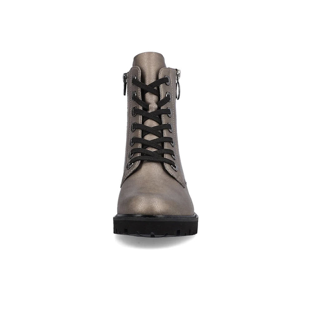 Front view of the REMONTE TAILORED COMBAT BOOTIE SILVER METALLIC - WOMENS by Remonte, featuring a silver metallic hue, lace-up details, a chunky cleated sole, and a side zipper.