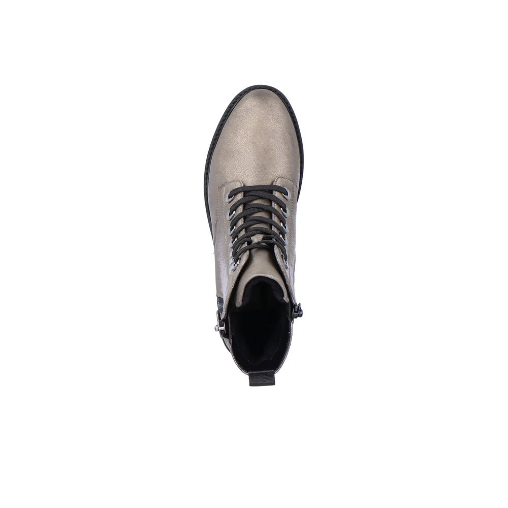 Top view of the Remonte Tailored Combat Bootie Silver Metallic - Womens, showcasing its sleek gray design with black laces, trim, and a chunky cleated sole on a white background.