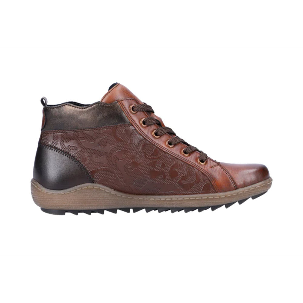 The REMONTE MIXED MATERIAL HIGH TOP CHESTNUT COMBI for women by Remonte is a brown high-top lace-up boot with a textured pattern, black accents, brown laces, and a beige durable TR rubber outsole, designed for casual wear.