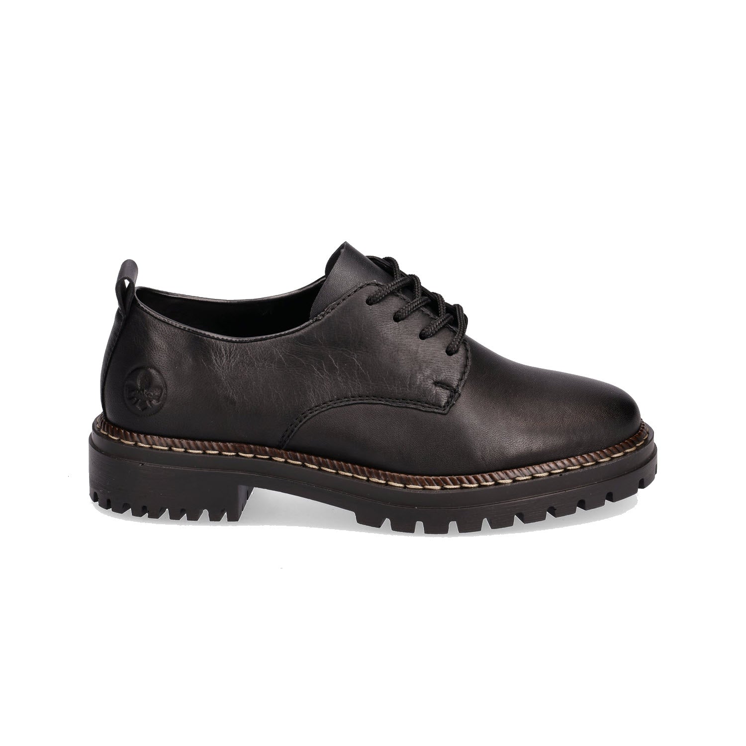 A side view of the Rieker Modern Tailored Oxford Black Women's shoe features black leather with lace-up design, a chunky sole, and stitching detail along the edge.