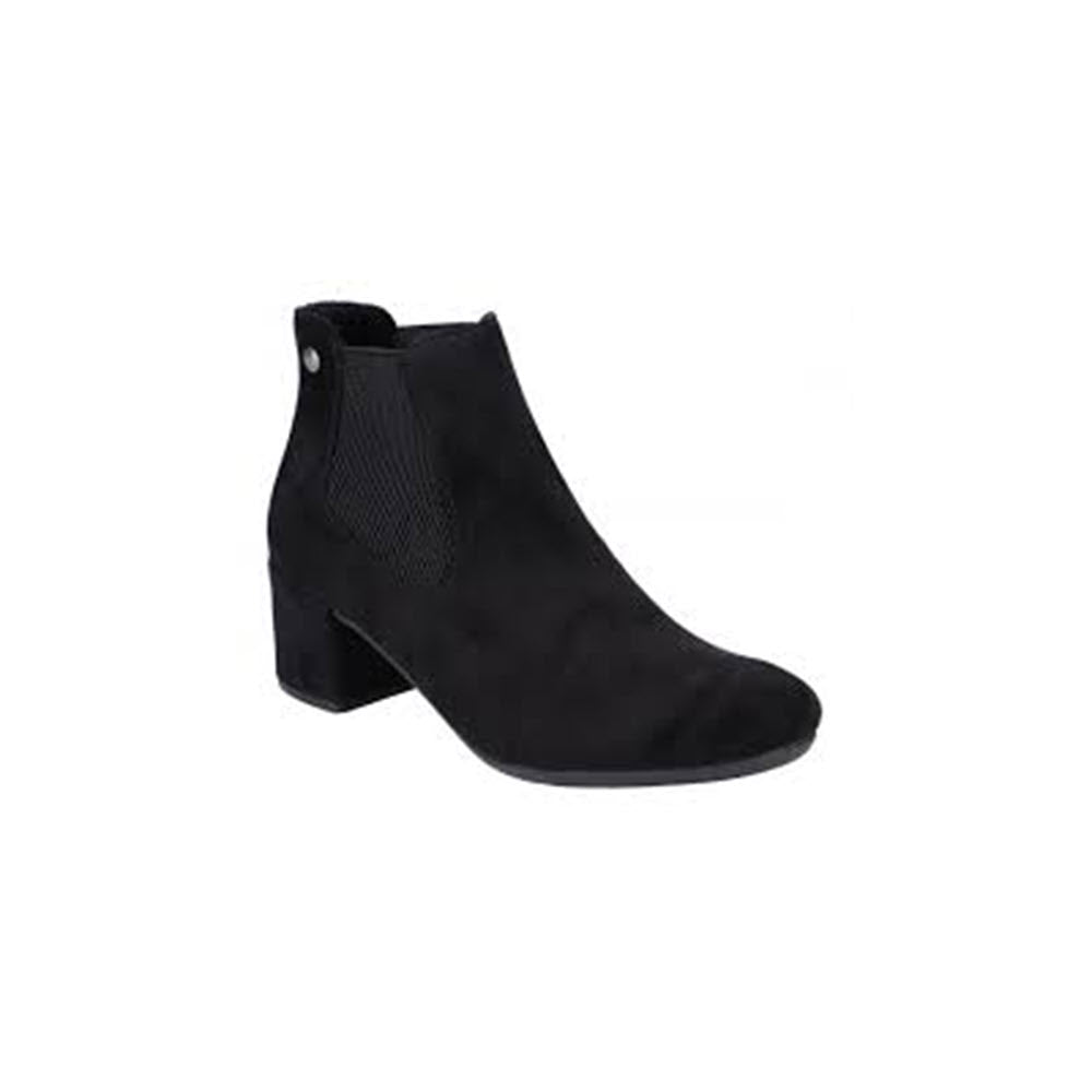 The RIEKER BLOCK HEEL DRESS BOOTIE BLACK STRETCH for women by Rieker features a low block heel, side elastic panel, and button detail at the top of the rear, embodying the classic style of Chelsea boots.