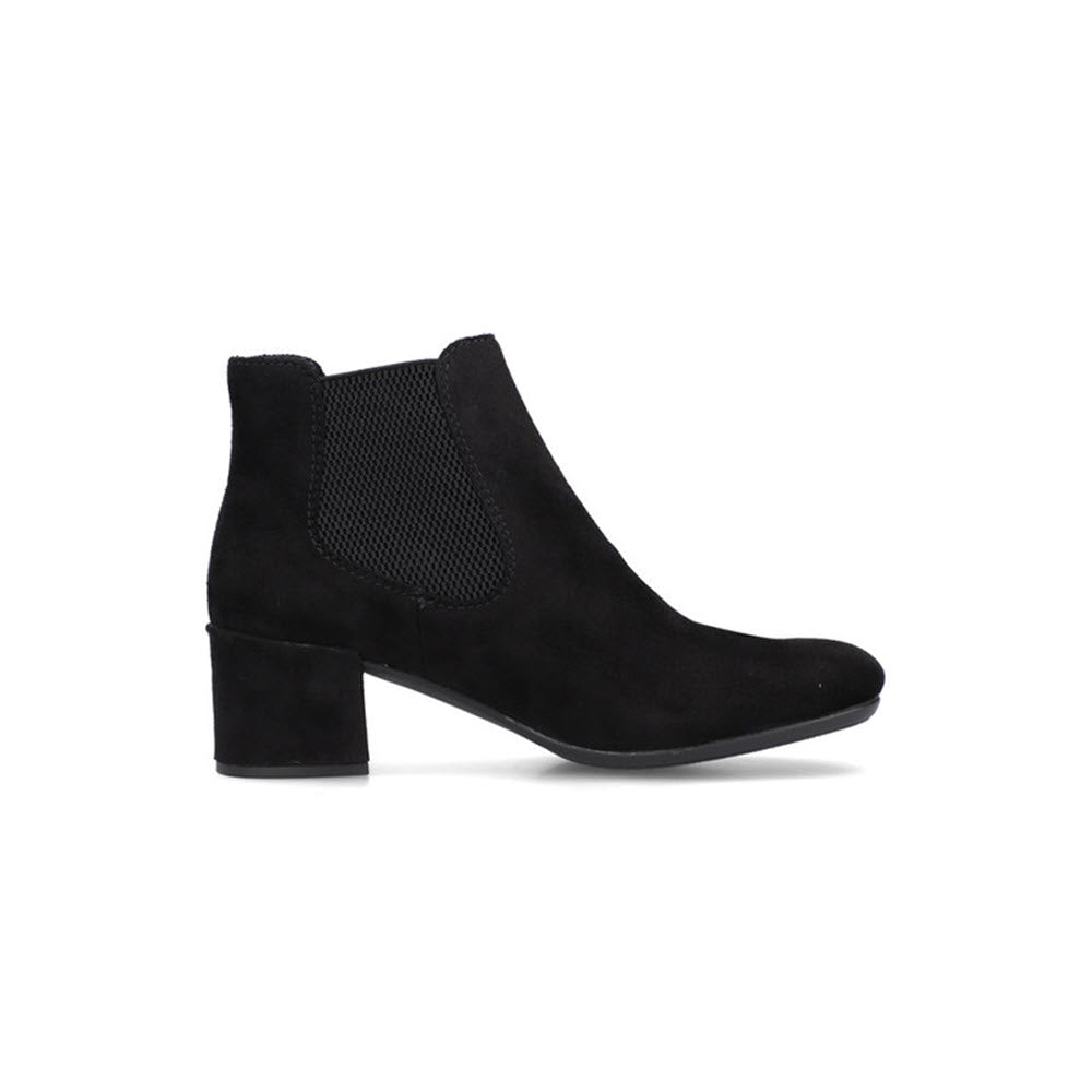 The RIEKER BLOCK HEEL DRESS BOOTIE BLACK STRETCH - WOMENS by Rieker is a black suede Chelsea boot with a chunky heel and elastic side panels.