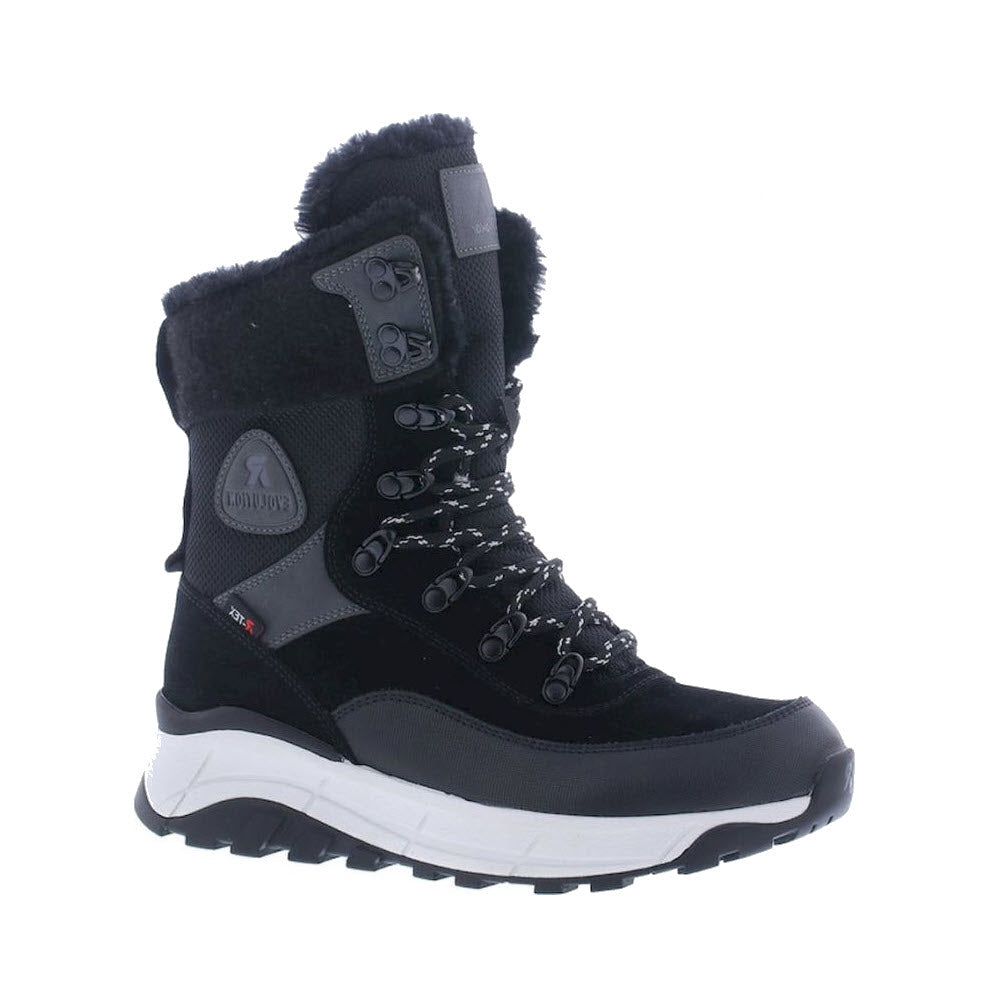 The &quot;REVOLUTION WINTER BOOT WOOL CUFF BLACK - WOMENS&quot; from Revolution features a black design with a white sole, grey accents, lace-up style, high ankle coverage, and faux fur lining.