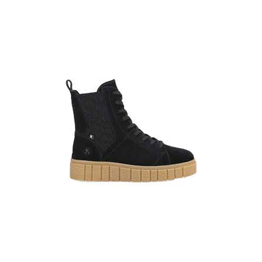 The REVOLUTION PLATFORM CITY LACE MID BOOTIE BLACK by Revolution—a black high-top sneaker featuring a textured upper body, black laces, and a thick tan rubber sole—embodies the perfect blend of comfort and convenience in modern sports shoes.