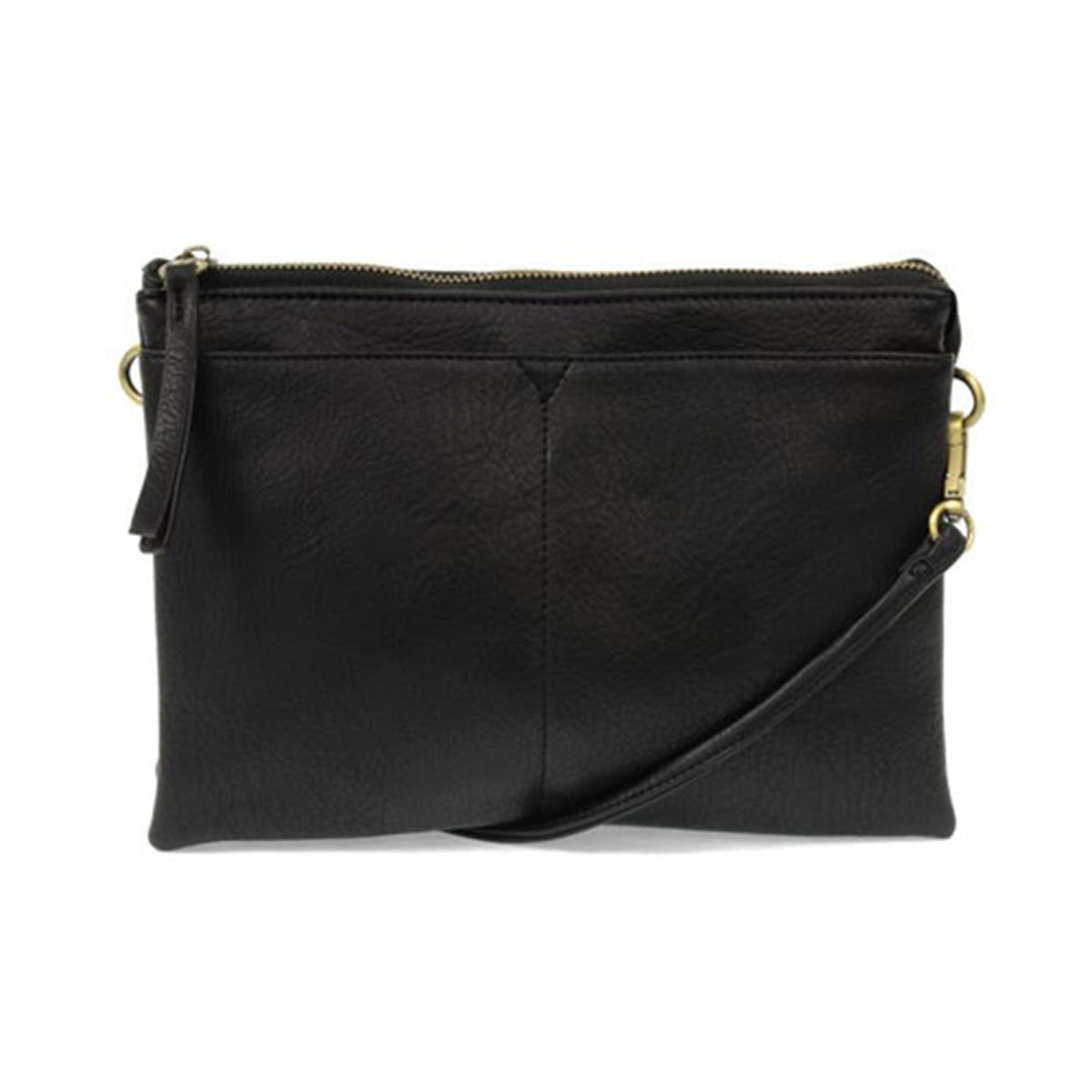 A JOY GIA MEDIUM MULTI POCKET BLACK by Joy Susan with a gold zipper and a detachable wrist strap, designed to keep your essentials organized. Despite its compact size, it boasts roomy compartments and remains lightweight for effortless carrying.