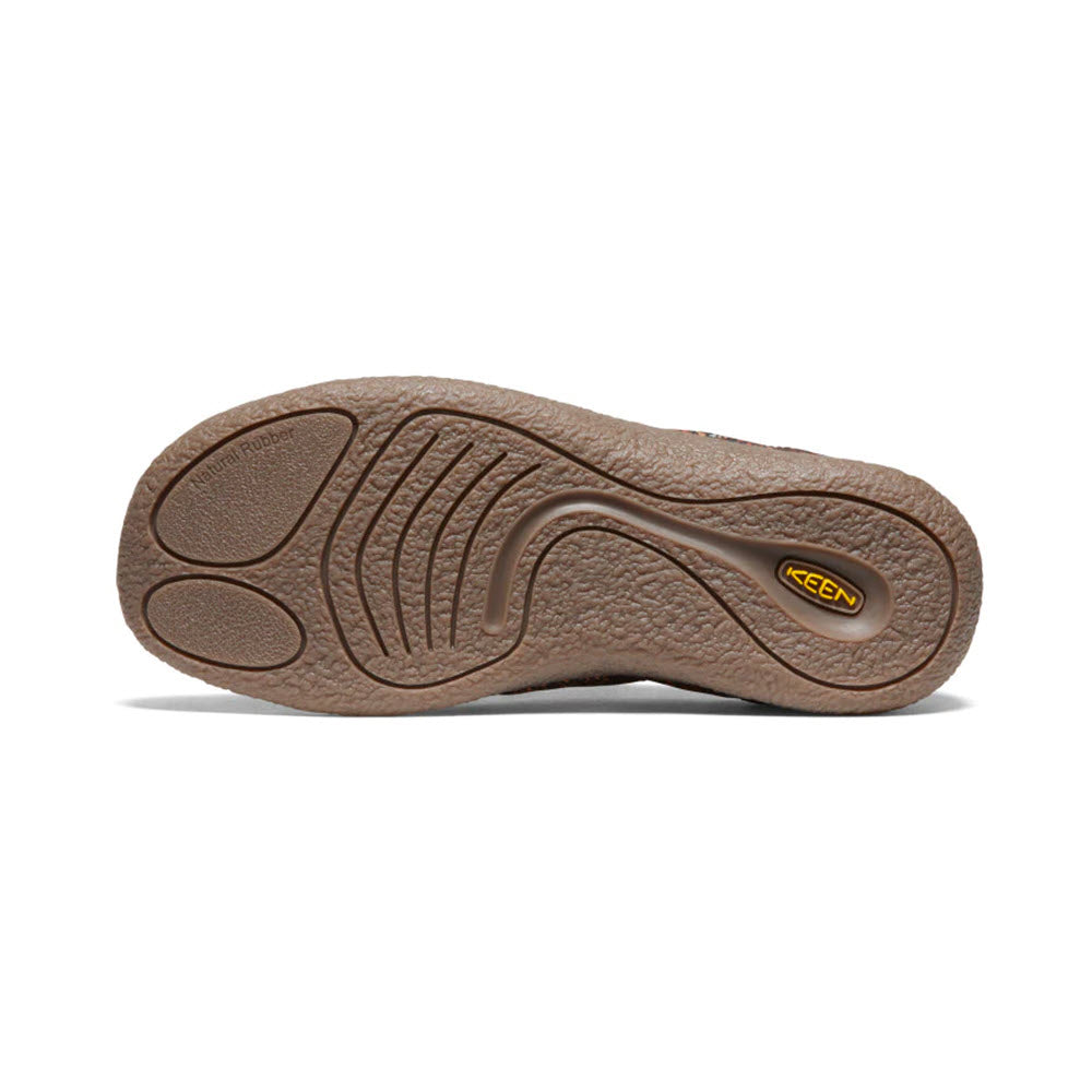 The image depicts the sole of a KEEN HOWSER III SLIDE ANDORRA CAMO - WOMENS in brown, showcasing a textured pattern for enhanced grip and the yellow KEEN logo near the heel, providing outstanding comfort and support.