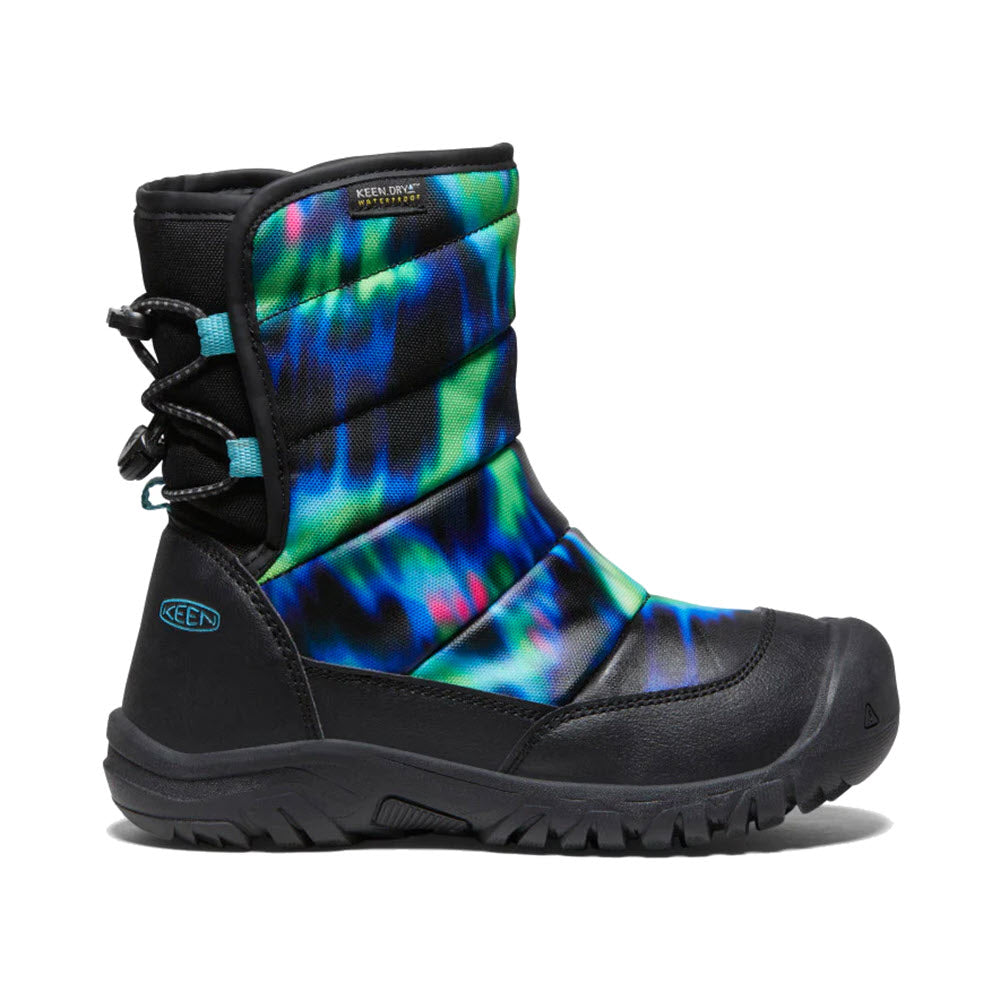 A single black and green waterproof snow boot with a thick sole, designed for cold weather. The Keen KEEN PUFFRIDER NORTHERN LIGHTS - KIDS features a colorful, padded design, bungee-cinch opening, and lace-up detail on the side.