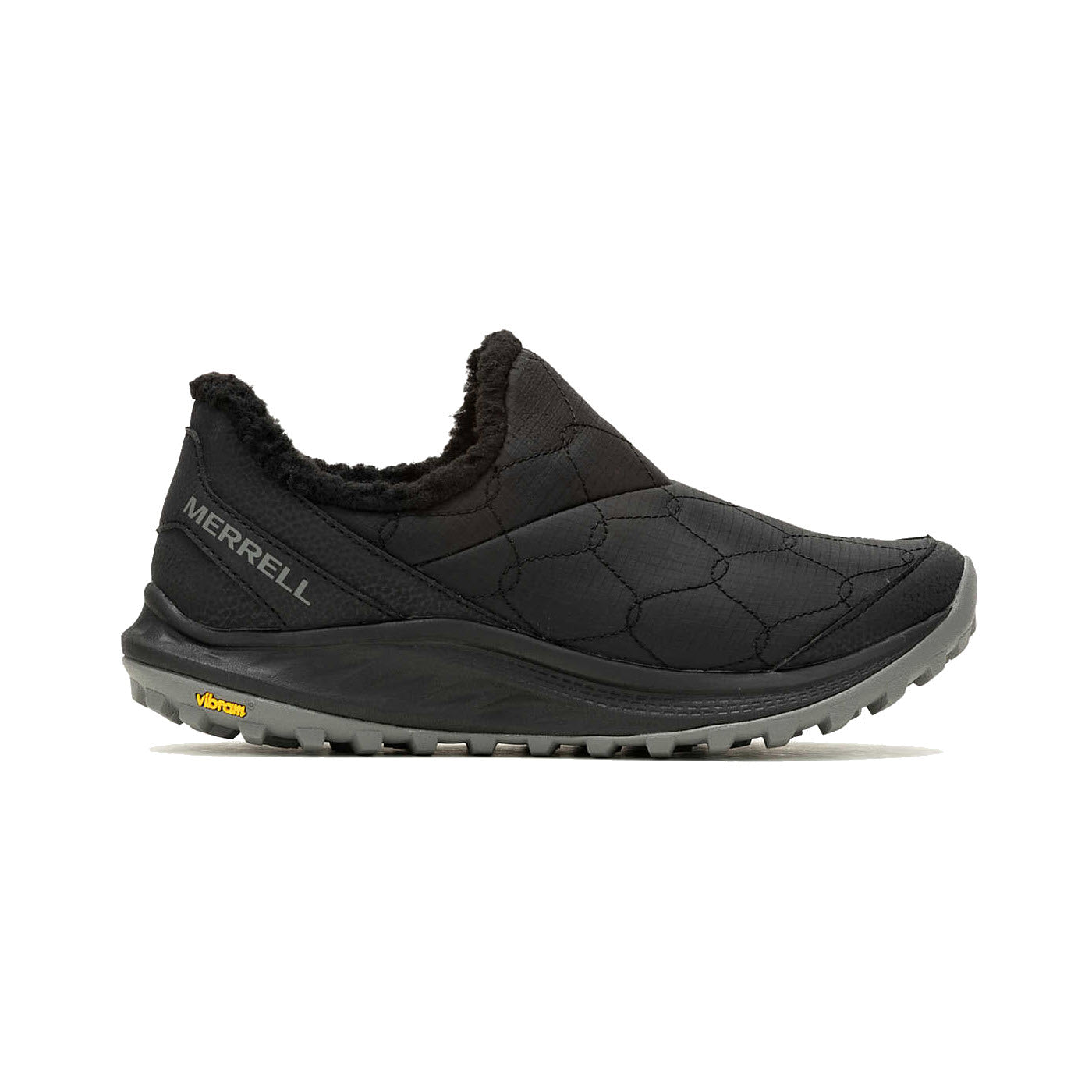 The MERRELL ANTORA 3 THERMO MOC BLACK for women is a black slip-on shoe featuring a textured design, plush inner lining, and rugged Vibram Ice Trek outsole. Enhanced with 100 grams of insulation, it is perfect for cold weather trail running. The "Merrell" branding is prominently visible on the upper side.