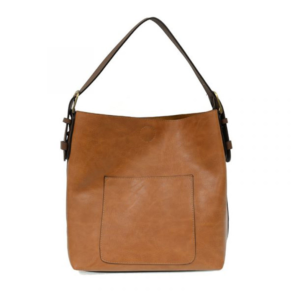 A Joy Susan JOY SUSAN HOBO BAG HAZELNUT with a front pocket and a single shoulder strap, featuring a removable crossbody option for added versatility.