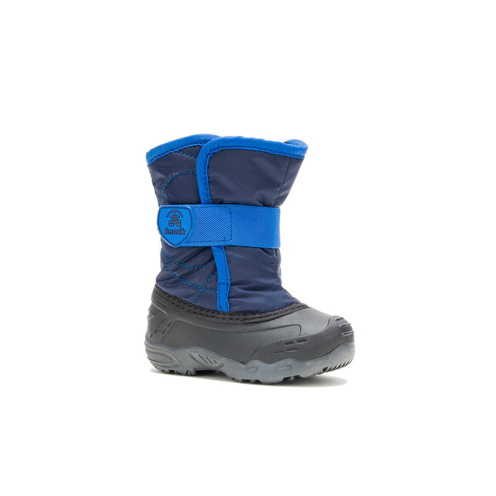 A Kamik KAMIK SNOWBUG 5 NAVY - TODDLERS with a Velcro strap, thick sole, and cozy insulation designed for kids.