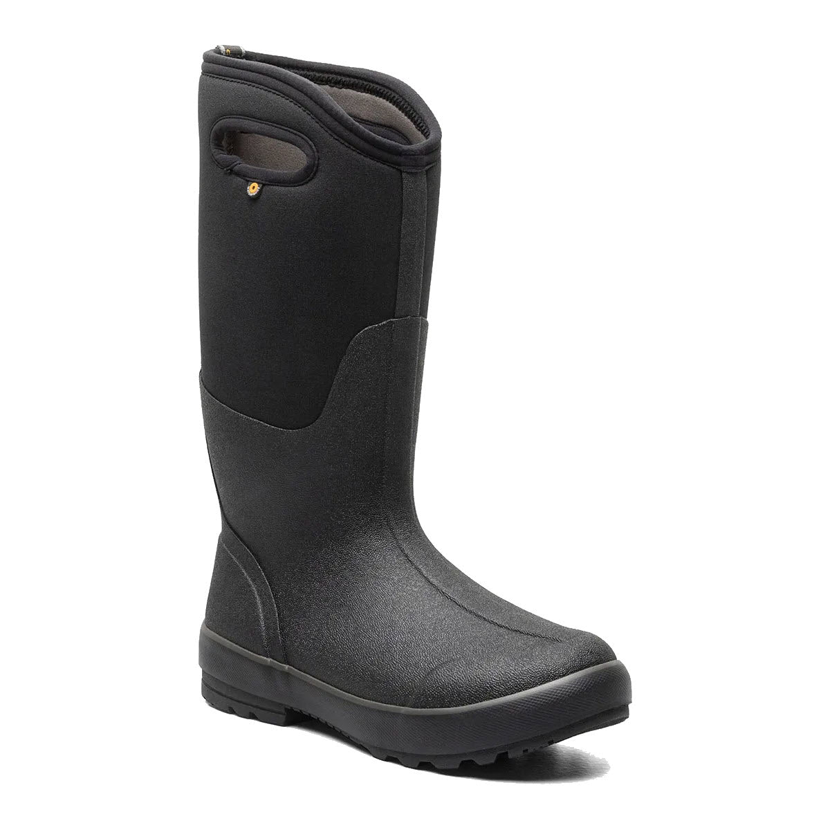 A single black Bogs BOGS CLASSIC TALL II BLACK - WOMENS rain boot with a high top, handles on the sides, and a textured sole, perfect for keeping people warm and dry.