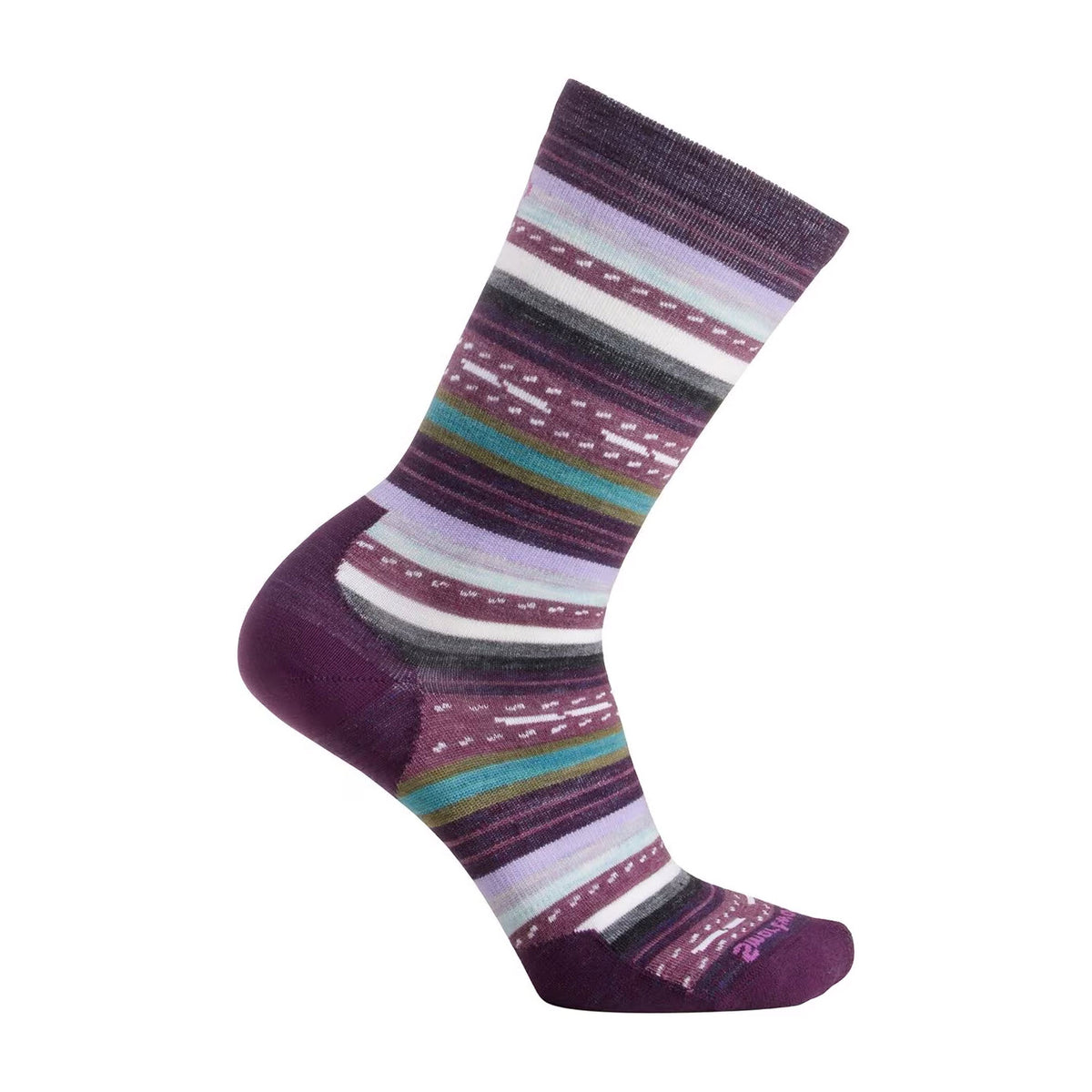 The Smartwool SMARTWOOL MARGARITA CREW SOCKS PURPLE - WOMENS feature a vibrant purple shade adorned with horizontal stripes in white, green, and pink. These Merino socks offer comfort combined with Shred Shield technology for extra durability.
