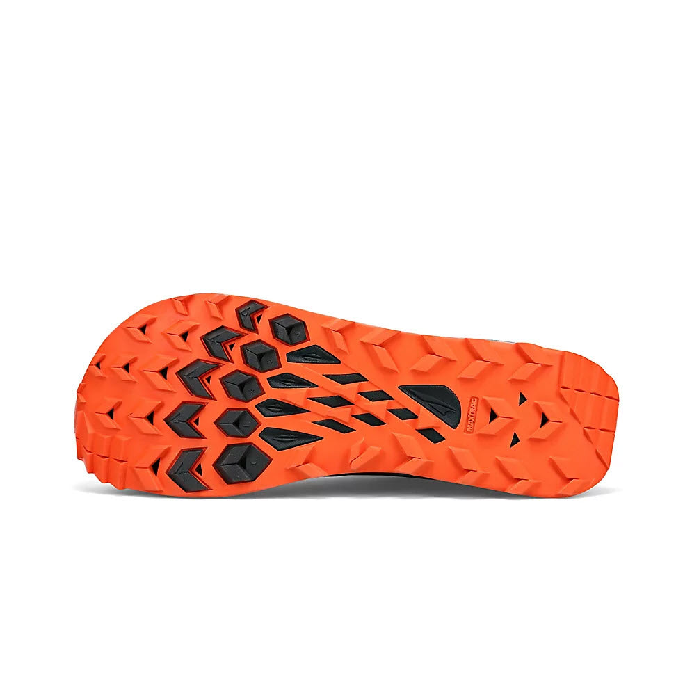 The image shows the orange sole of a lightweight ALTRA LONE PEAK ALL-WTHR ATR 7 GRAY/ORANGE - MENS by Altra with a rugged tread pattern and black details, designed for enhanced traction.