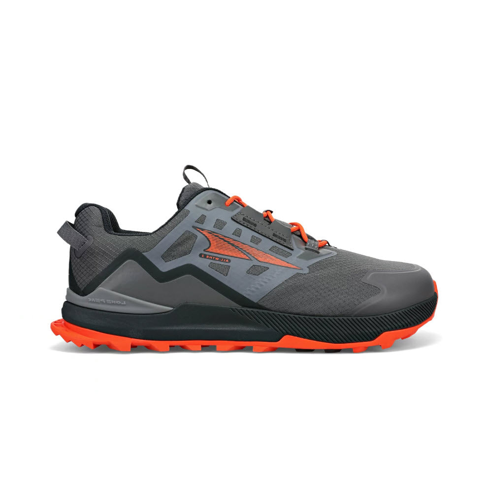 A gray and orange ALTRA LONE PEAK ALL-WTHR ATR 7 GRAY/ORANGE - MENS trail running shoe with a rugged sole, mesh upper, and Altra EGO midsole, designed for outdoor activities.