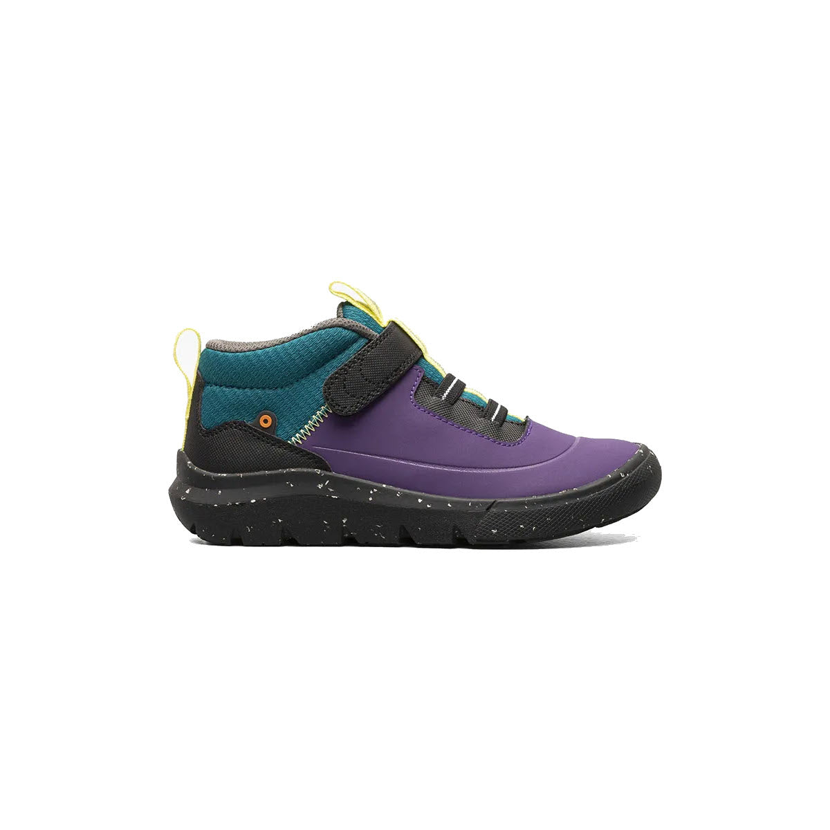 A single Bogs Skyline Kicker Mid Purple Multi children's sneaker, featuring a black sole, green accents, and a hook-and-loop strap, is displayed against a white background. These shoes are designed with water-resistant materials and provide maximum traction.