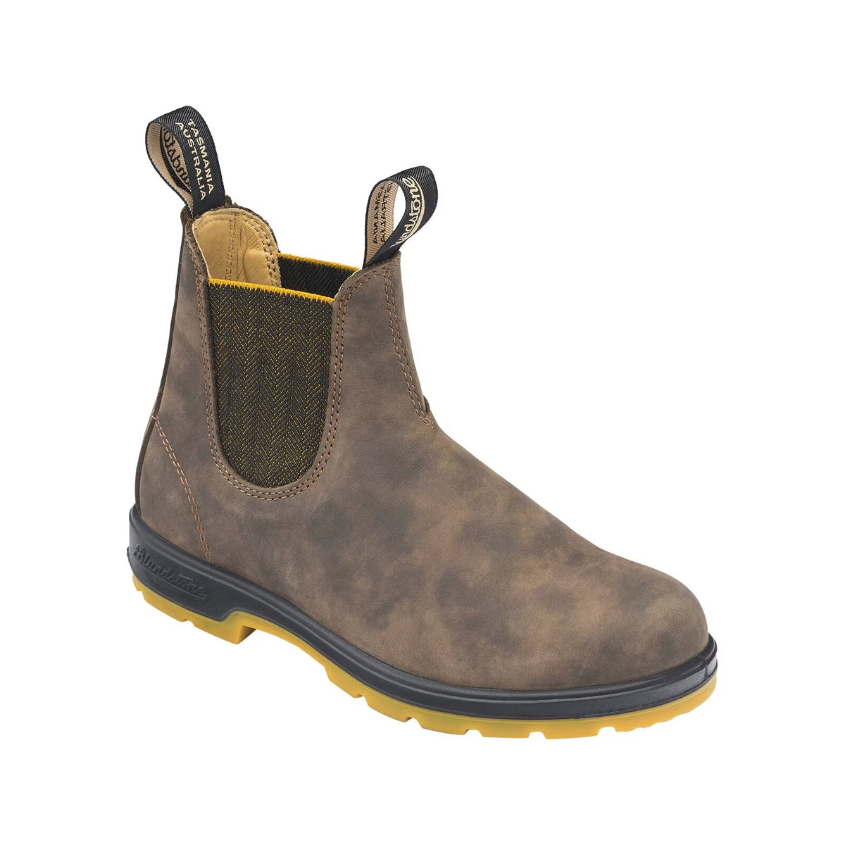 A single brown leather Blundstone BLUNDSTONE SUPER 550 RUSTIC BROWN AND MUSTARD - ADULTS pull-on work boot with a premium leather upper, yellow sole, and two black pull tabs for easy wearing, offering a versatile look.