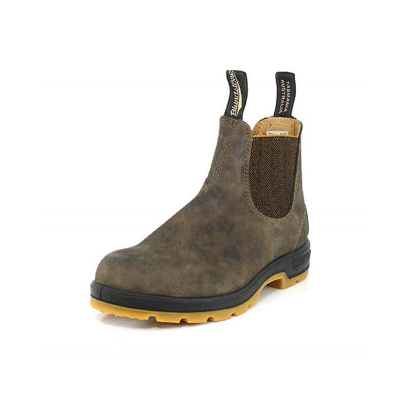 A versatile look, the single Blundstone BLUNDSTONE SUPER 550 RUSTIC BROWN AND MUSTARD - ADULTS work boot features a premium leather upper, black elastic side panels, and a yellow rubber sole.