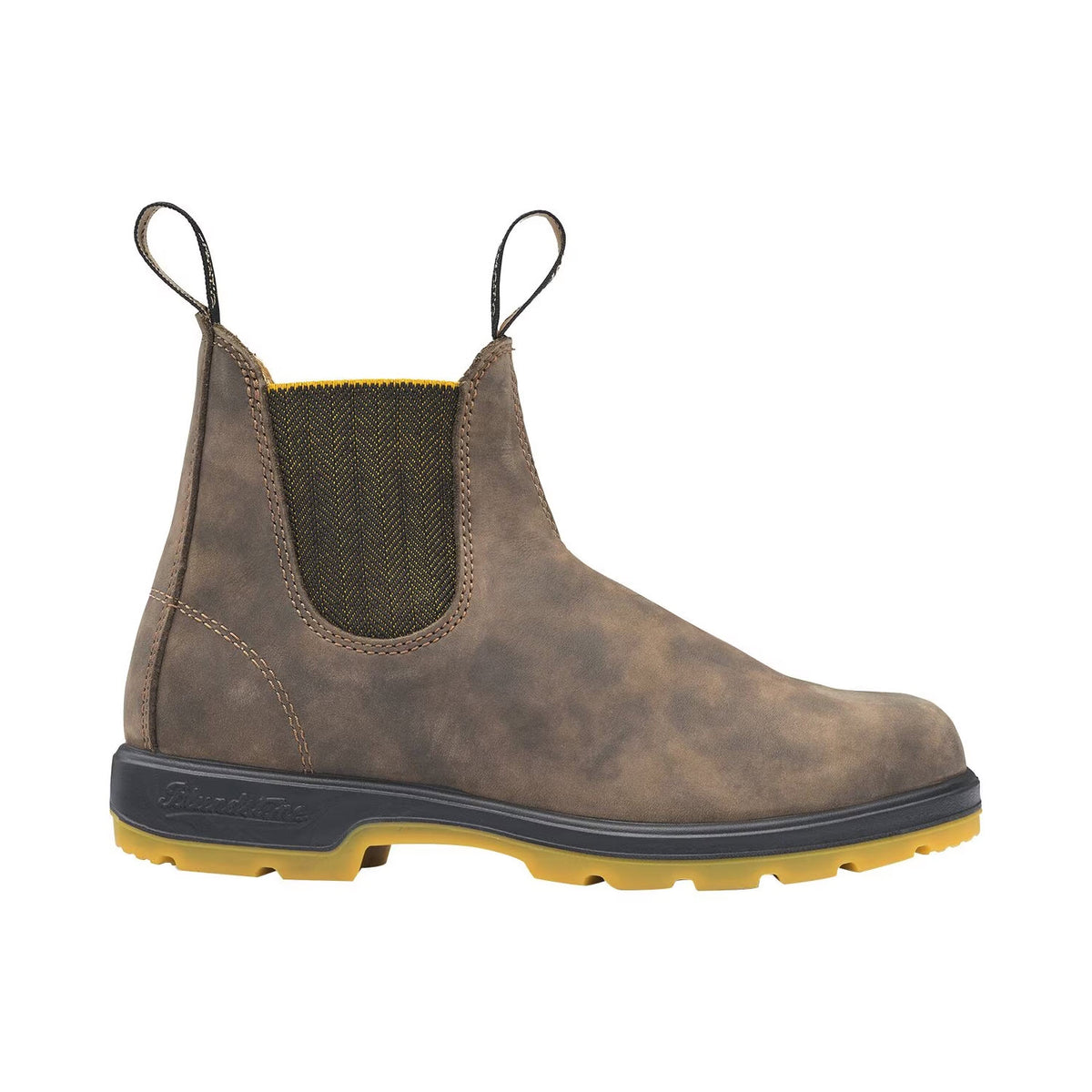 Brown leather ankle boot with a premium leather upper, yellow rubber sole, black elastic side panels, and pull tabs at the front and back. This Blundstone BLUNDSTONE SUPER 550 RUSTIC BROWN AND MUSTARD - ADULTS boasts a versatile look perfect for any occasion.