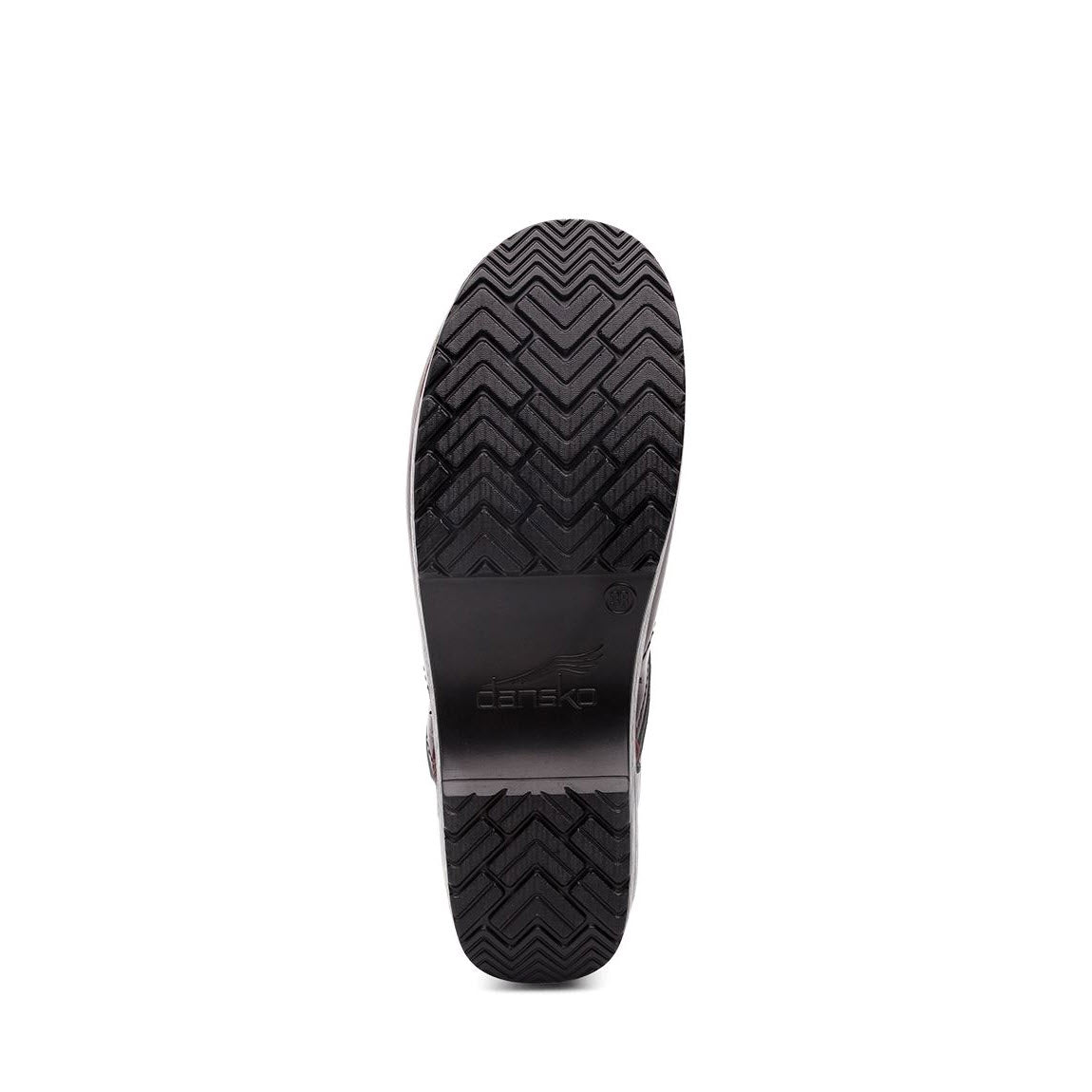 Image of the sole of a black Dansko Professional Cordovan Cabrio - Womens shoe with a ridged pattern and the brand name &quot;Dansko&quot; embossed on it, featuring an anti-fatigue rocker bottom.